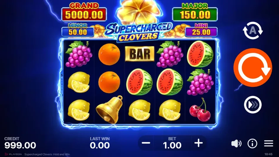 Supercharged Clovers Hold and Win base game grid with five fixed pay lines